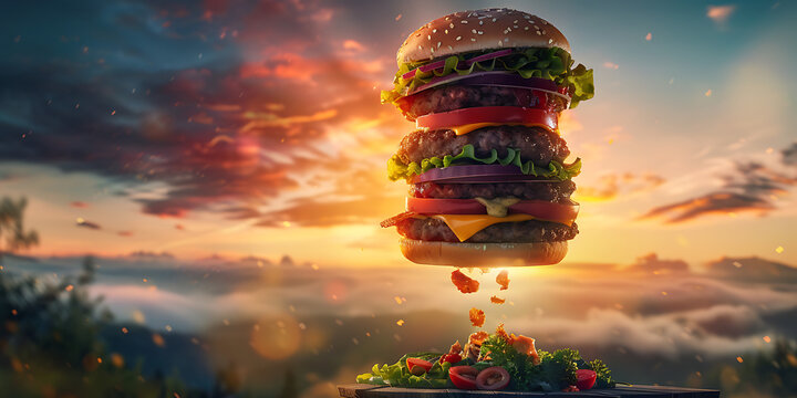 Giant burger floating in the air at sunset with lettuce and tomato falling