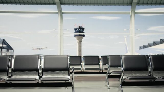 Airport runway control tower overlooking empty transport hub waiting area with metal benches. Rows of chair seats inside bright modern flight departure terminal, close up shot