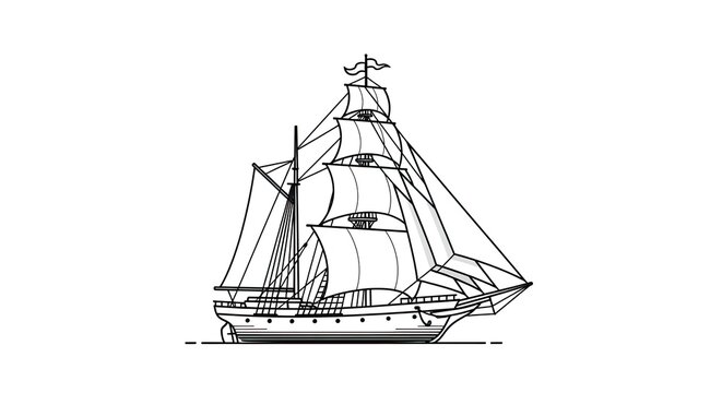 Vintage sailing ship line art illustration on white background