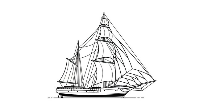 Vintage sailing ship line art illustration on white background