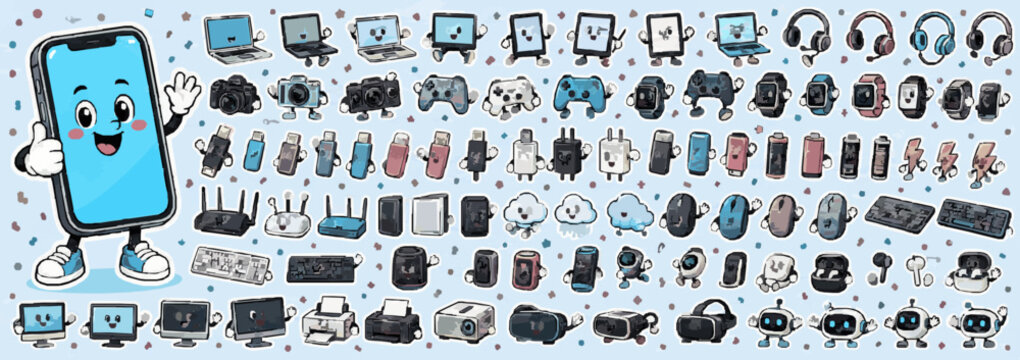 Cute Tech Gadget Mascot Sticker Mega Set. Premium Kawaii Cartoon Vector Sticker Collection with Cute Mascot Characters, White Border Icons, Playful Expressions and Isolated Design Elements