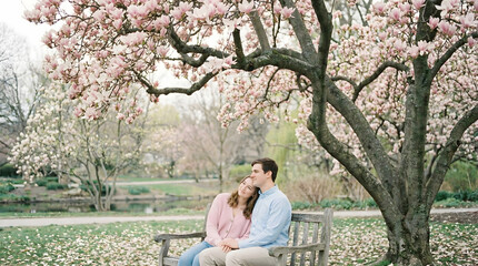 Fototapeta premium Romantic young couple on a bench under blooming pink magnolia tree, happy man hugging woman by the shoulders, love, tenderness and relationship concept in spring park, panoramic view