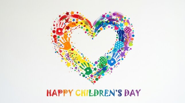 Colorful heart shape made of child handprints and bright confetti for International Childrens Day. Festive greeting card design with rainbow art elements on white background. Creative concept.