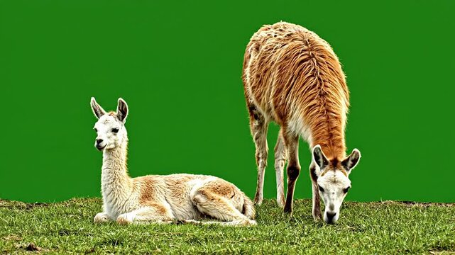 Peaceful Scene of Llamas Grazing on Grass in a Natural Landscape with Green Background