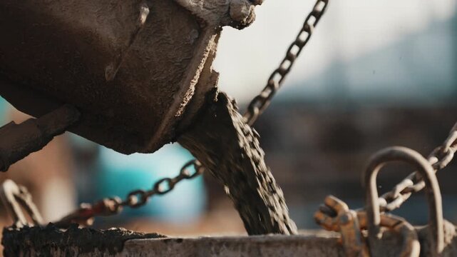 Pouring concrete from truck mixer into crane bucket with chains close up
