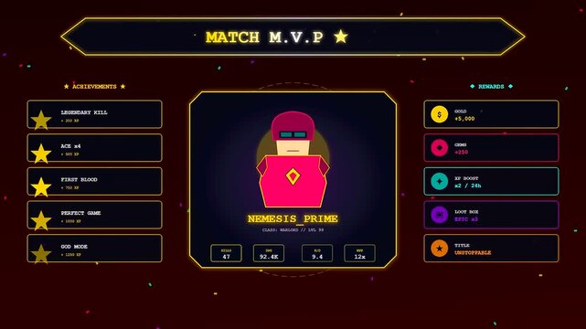 A futuristic Player Data Overlay animates through a series of reward unlocks and achievement badges for a high scoring virtual athlete in a digital arena