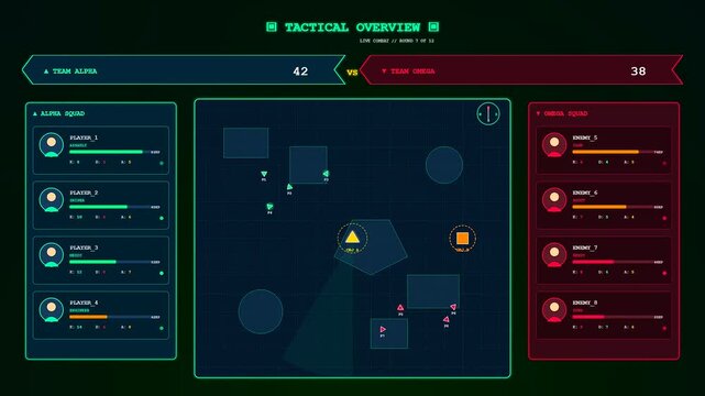 This sophisticated player data overlay displays a dynamic tactical map scanning for enemy positions during a high stakes virtual combat simulation in a cyberpunk setting