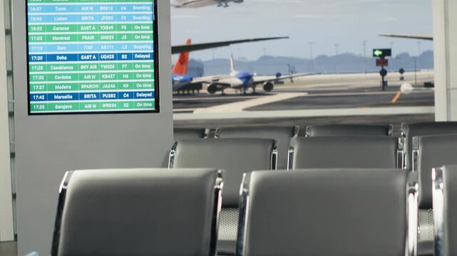 Close up of airport vacant metal chairs overlooking busy airplane runway. Electronic schedule display in air transportation hub terminal with no people in showing updated flight departure times