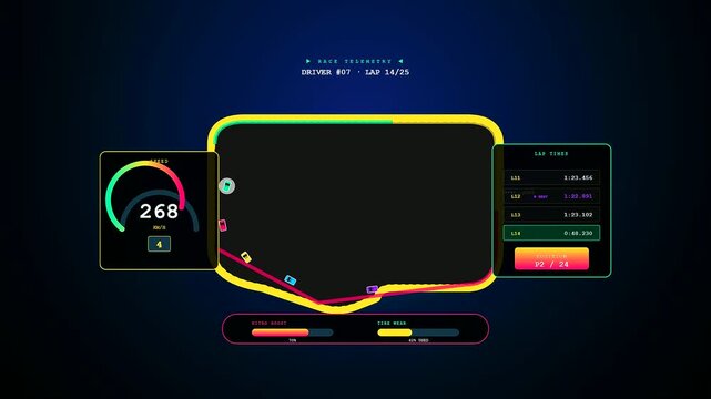 An intricate player data overlay visualizing real time racing telemetry with dynamic velocity gauges and strategic track mapping during an intense high speed virtual competition