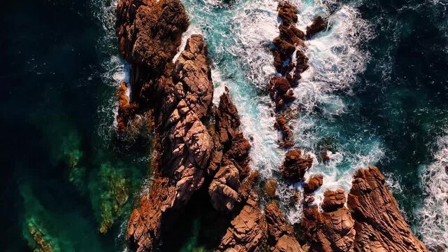 Aerial view of the rugged red granite cliffs and turquoise sea at Costa Paradiso, Sardegna, Italy.