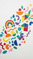 Fototapeta premium Colorful paper cutout shapes on white background. Abstract geometric patterns for International Childrens Day background. Creative craft project for celebration and kids play.