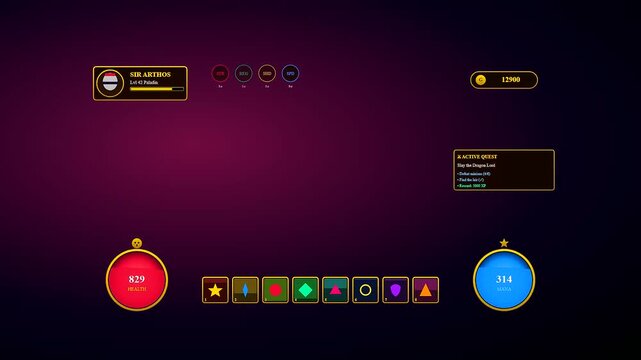 A sophisticated Player Data Overlay showcasing real time statistical fluctuations for a fantasy role playing game character against a deep mystical purple void