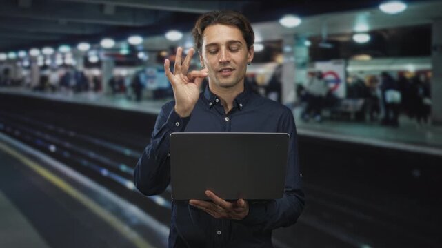 Man holding laptop and making ok sign at a crowded subway platform in a building; confidence productivity.