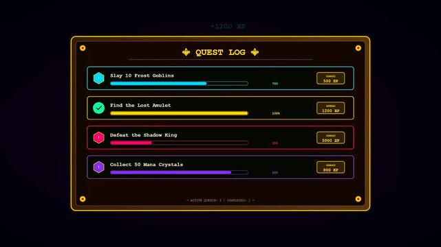 A detailed Player Data Overlay showcasing an intricate quest log with pulsating experience point notifications and shimmering progress bars for a fantasy role playing game