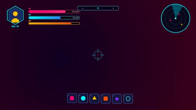 This complex player data overlay showcases vivid neon status indicators and a rotating tactical radar designed for sophisticated futuristic science fiction gaming user interfaces