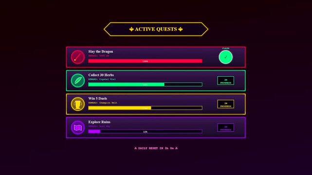 A futuristic Player Data Overlay showcases the dynamic progression of fantasy gaming achievements as neon progress bars fill and transition into completed quest markers