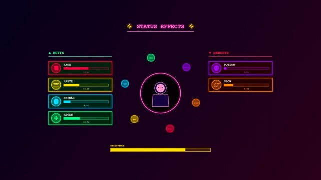 A futuristic neon Player Data Overlay showcasing dynamic status effect animations with orbital icons and shifting progress bars within a dark cyberpunk gaming interface design