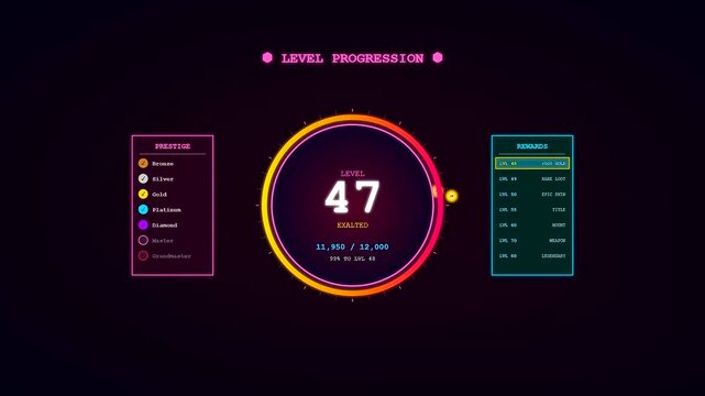 This cinematic Player Data Overlay features a vibrant neon circular progress bar filling rapidly to illustrate a gaming achievement within a futuristic digital interface