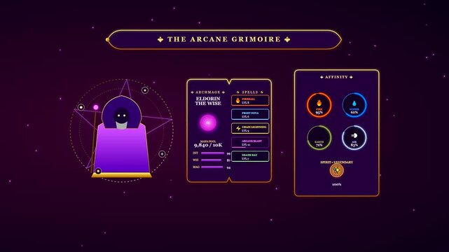 An intricate player data overlay showcasing a mystical fantasy character interface with animated magical glyphs and statistical bars for a modern role playing game experience