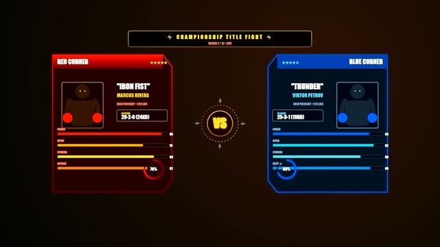 A dynamic player data overlay showcasing competitive fighter statistics and performance metrics for a high stakes championship title fight within a futuristic digital sports arena