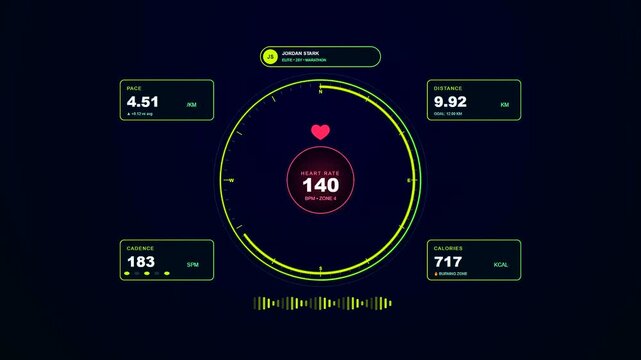 A sophisticated Player Data Overlay animating real time biometric telemetry and athletic performance metrics for a futuristic sports application featuring neon green digital interface elements