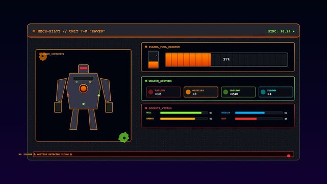 This futuristic Player Data Overlay exhibits a complex mecha cockpit interface with dynamic health indicators and scrolling combat alerts for an immersive gaming experience
