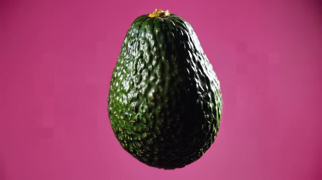Single Ripe Avocado Floating Against a Vibrant Pink Background.