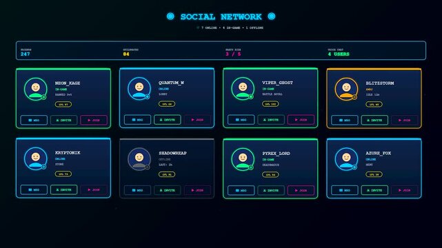 A sophisticated player data overlay dynamically populates a dark digital space featuring glowing neon profile modules for a high tech gaming social network interface