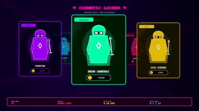 A sophisticated Player Data Overlay navigates through vibrant neon character skins in a cyberpunk inventory system showcasing rare digital assets via seamless interface transitions