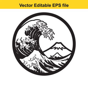  vector editable  file of a stylized wave and mountain landscape in a circular frame