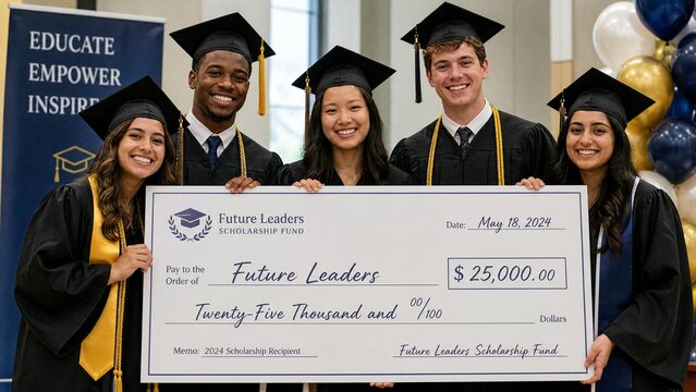 Diverse Group of University Graduates Holding a Large Ceremonial Scholarship Check