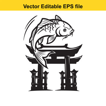  black and white vector illustration of a fish jumping over a japanese torii gate