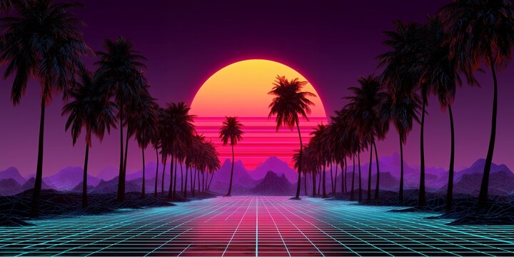 Retro synthwave sunset with palm trees and neon grid road, concept for 80s nostalgia art, digital background design and futuristic movie poster