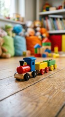 Fototapeta premium Colorful wooden toy train on wooden floor. Kids playroom with educational toys for toddler. International Childrens Day celebration and childhood development concept, depth of field.