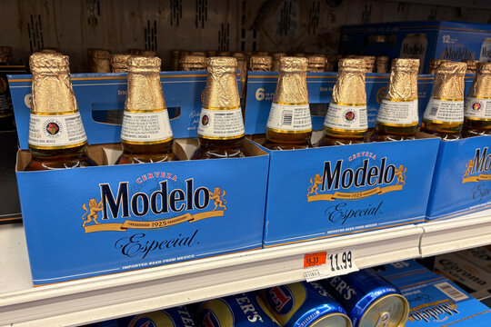Six packs of Modelo beer at super market grocery store Stop and Shop in Darien, Connecticut on November 25, 2025.