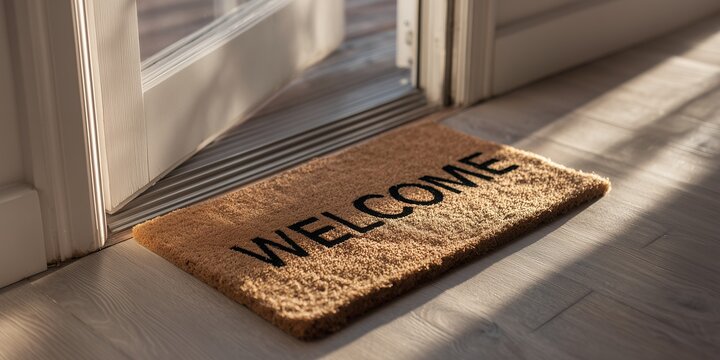 Coir doormat with 'WELCOME' text lying on light wooden floor near partially open glass door, concept for home entry, real estate promotion and hospitality business