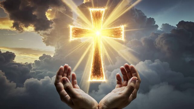 Glowing Christian Cross with Hands and Heavenly Light