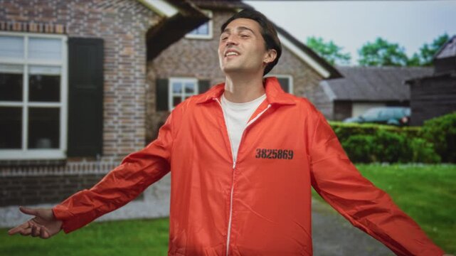 Young man in orange inmate jumpsuit with visible inmate number looking up with hands slightly raised in front of a building; second chance hope.