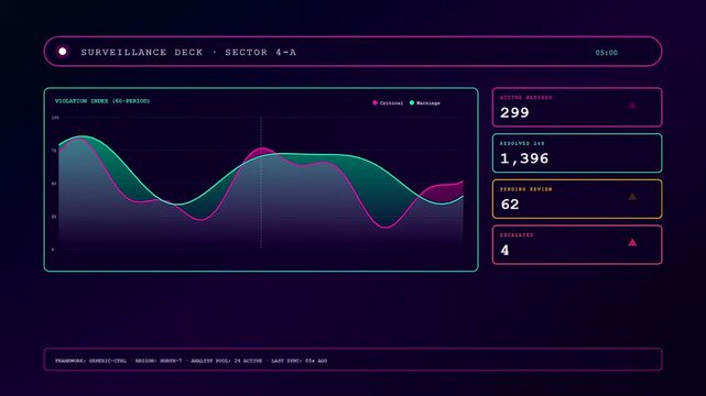 An intricate digital interface for compliance risk monitoring features undulating magenta and teal waves shifting across a dark screen with evolving numerical data readouts