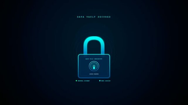 A glowing holographic blue padlock demonstrates compliance risk monitoring as it transitions from an open state to a securely locked digital vault interface