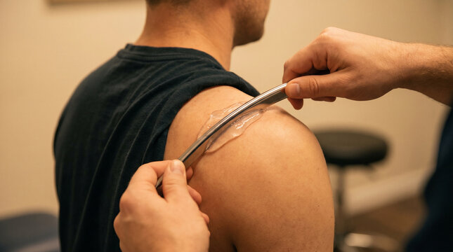 Therapist performing soft tissue massage on patient shoulder