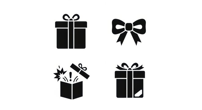 A collection of four simple, stylized gift box icons with bows and one exploding box with confetti, presented on a clean white background