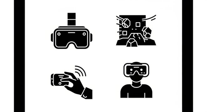 Futuristic Virtual Reality Gaming and Entertainment Icons with VR Headsets and Controllers