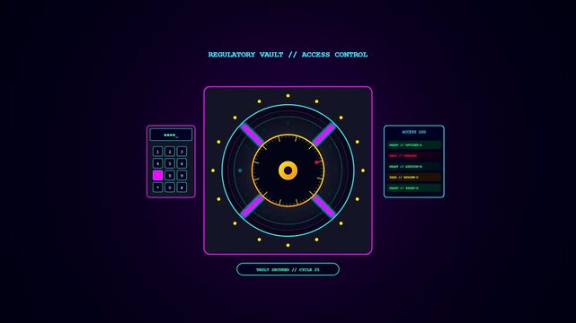 Digital interface for compliance risk monitoring showcasing a rotating neon vault dial and interactive keypad elements against a deep dark midnight blue background