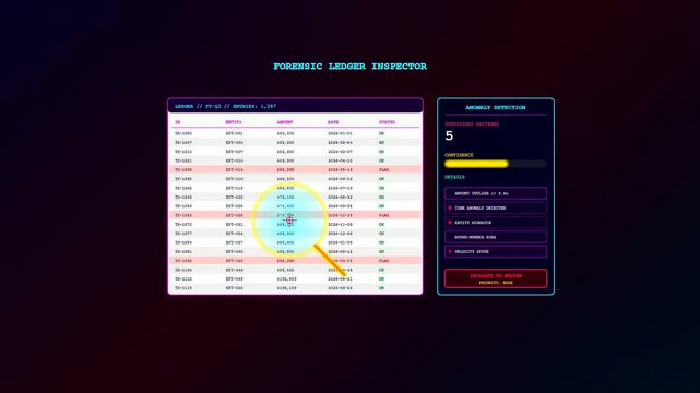 A digital screen showcasing compliance risk monitoring through a high tech futuristic ledger interface where glowing yellow annotations highlight suspicious financial transactions in real time