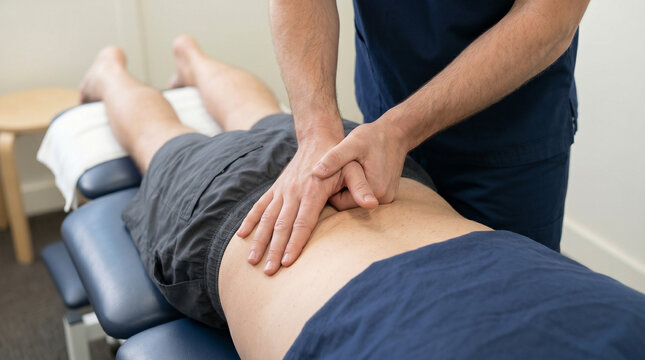 Therapist applying pressure to male patient lower back