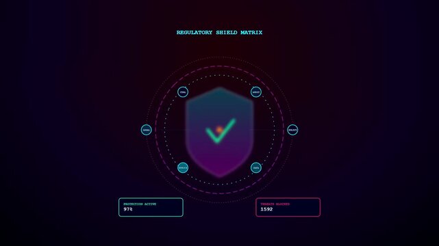 A holographic shield for compliance risk monitoring pulses with a green checkmark as magenta data points orbit a dark purple digital interface screen