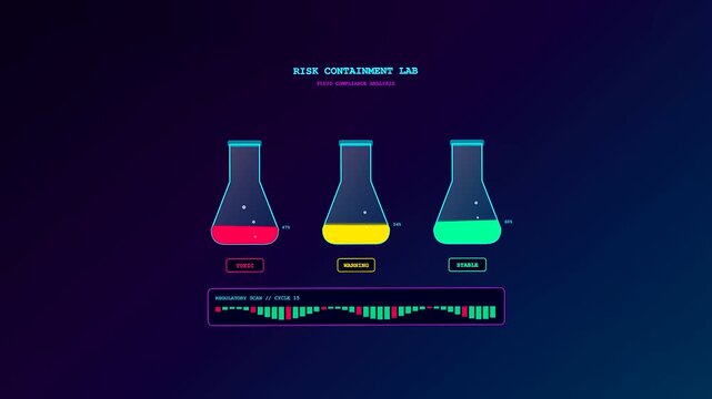 A digital interface for compliance risk monitoring shows neon colored liquids in glass flasks shifting levels against a dark violet holographic background with waveforms