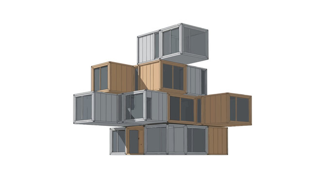 Modern Modular Shipping Container Building Design - 3D Architectural Rendering of Sustainable Prefabricated Housing Concept Isolated on White Background