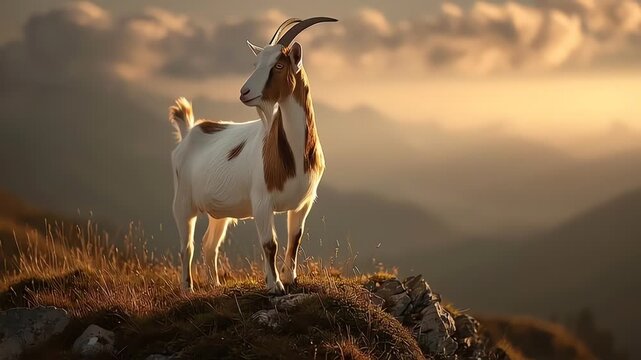 Majestic Goat Standing on a Mountain Peak at Sunset